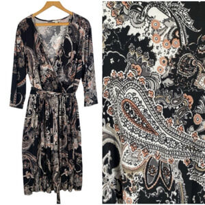 Cato Wrap Dress Size 14/16W 1X Black Paisley Print Stretch Knit Whimsigoth Boho